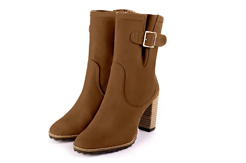 Caramel brown women's booties, with buckles on the sides. Round toe. High block heels - Florence KOOIJMAN
